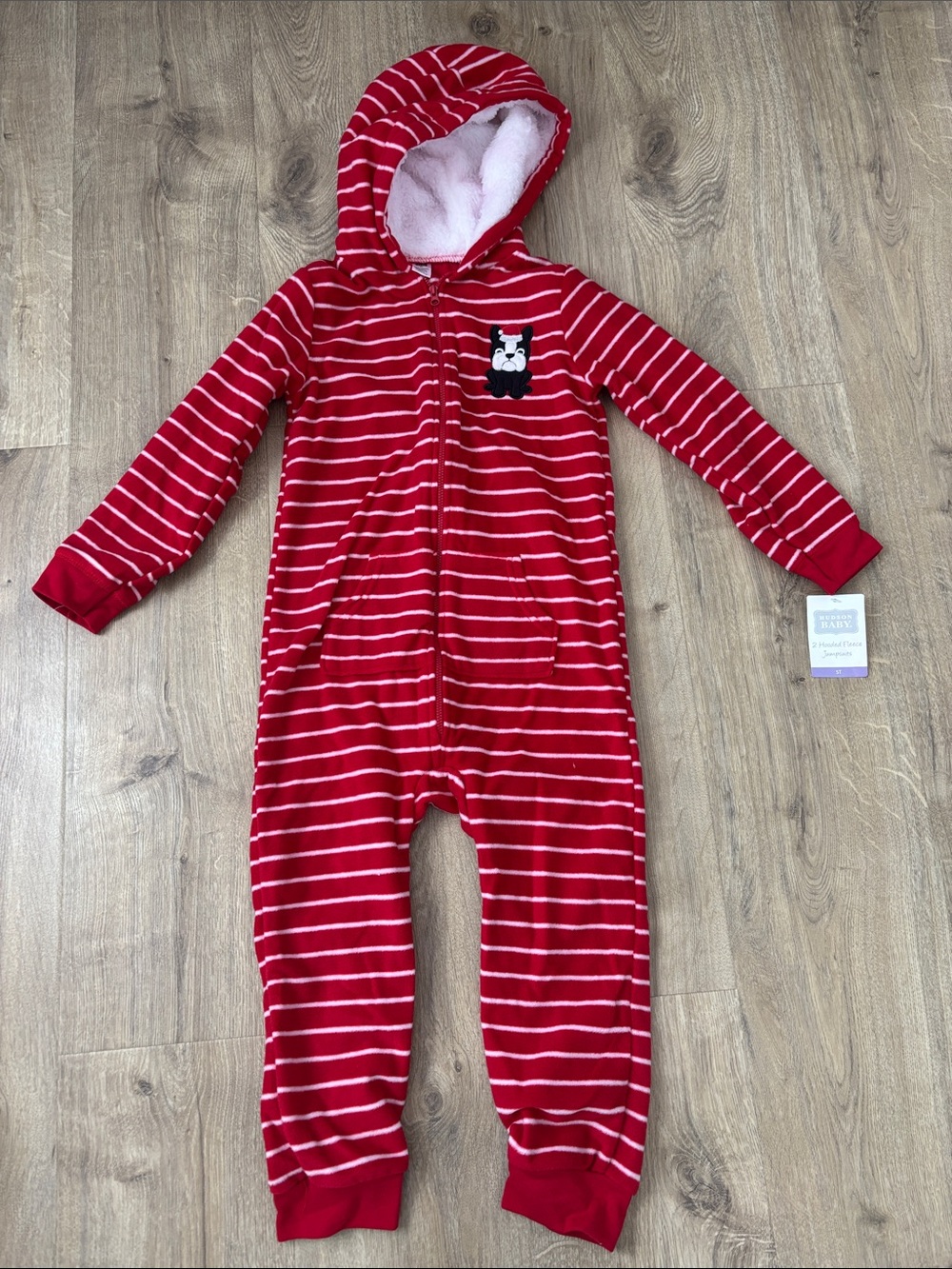 Hudson Baby Red and White Striped Hooded One-Piece with Puppy Patch